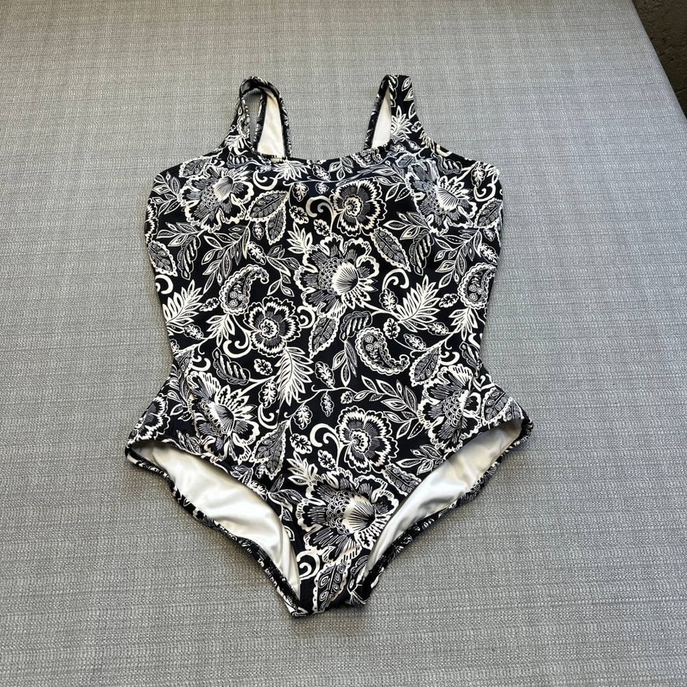 Lands End Swimsuit Womens‎ Size 22W Black Floral Print One Piece Beach Pool Vaca